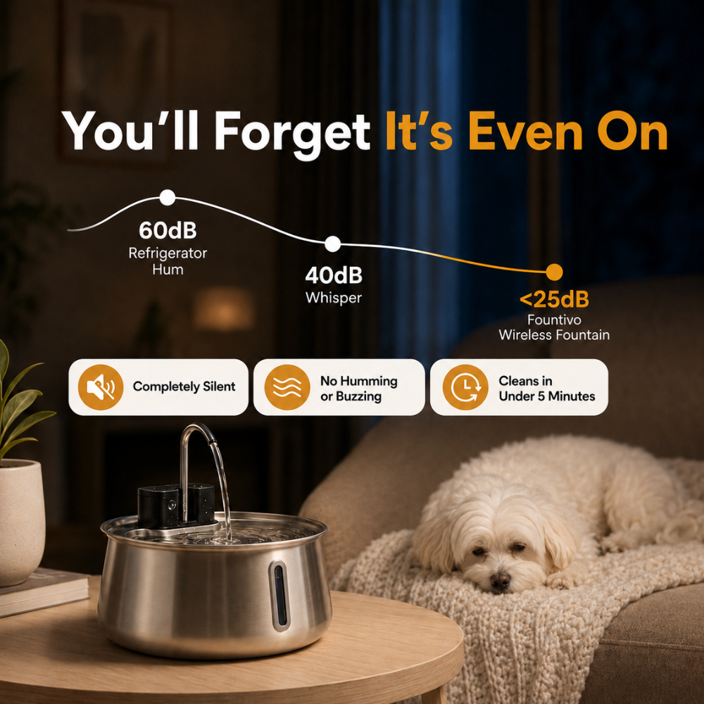 A stainless steel wireless pet fountain shown on a round table in a living room, with a small white dog resting on a couch nearby. The image includes marketing text and dB level callouts highlighting quiet operation.