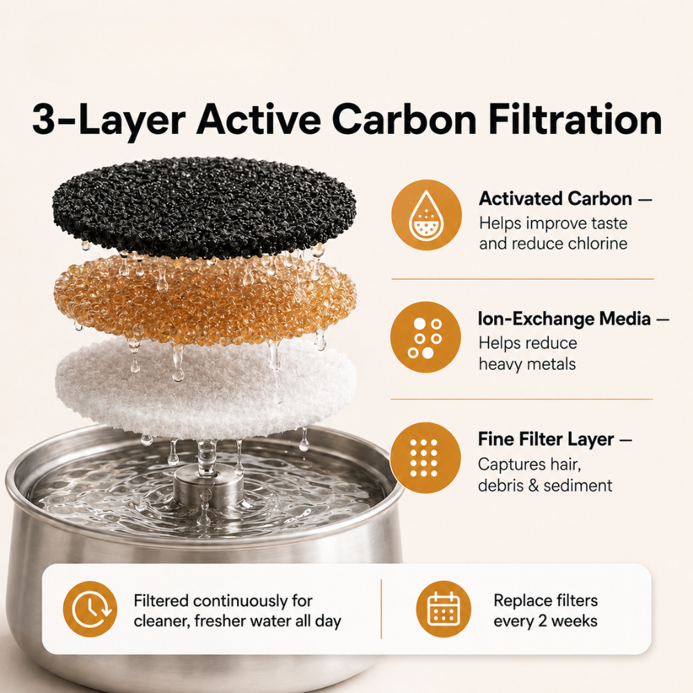 An infographic explaining a 3-layer active carbon filtration system for a pet water fountain. It shows three stacked filter layers (black, brown, and white) above a stainless steel bowl of water, with text detailing the functions of activated carbon, ion-exchange media, and fine filter layer.