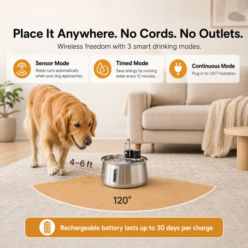 A golden retriever stands beside a stainless steel pet water fountain placed on a beige rug in a living room. Text highlights wireless smart drinking modes: Sensor Mode, Timed Mode, and Continuous Mode, with a 120-degree coverage radius and a rechargeable battery lasting up to 30 days.