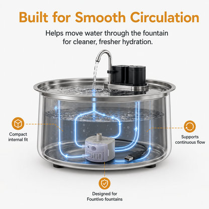 A clear cylindrical water fountain with a stainless steel rim, a black pump on top, and a white internal pump visible beneath blue glowing circulation lines. Text at the top reads 'Built for Smooth Circulation' and callout icons around the product mention compact internal fit, continuous flow, and Fountivo compatibility.
